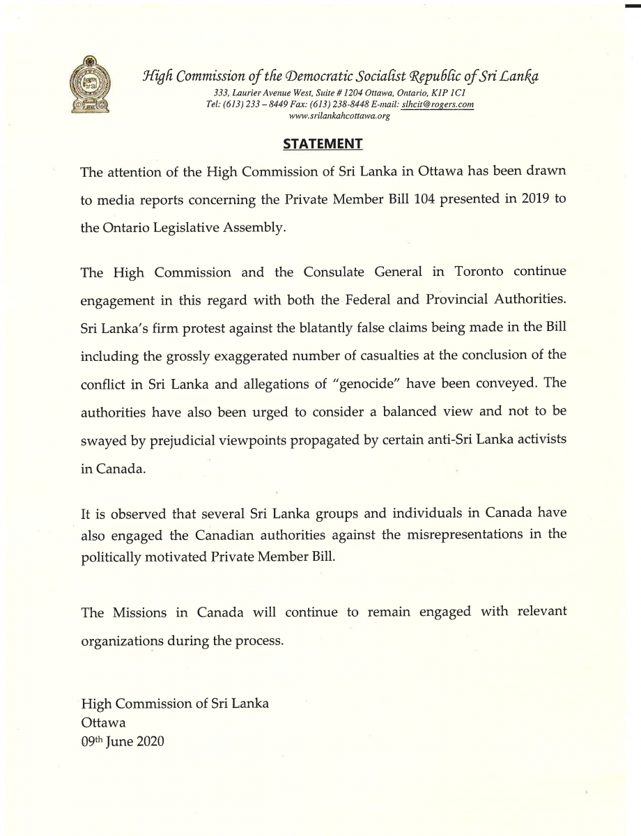 Statement of the High Commission of Sri Lanka on the Private Member Bill 104 presented to the Ontario Legislative Assembly